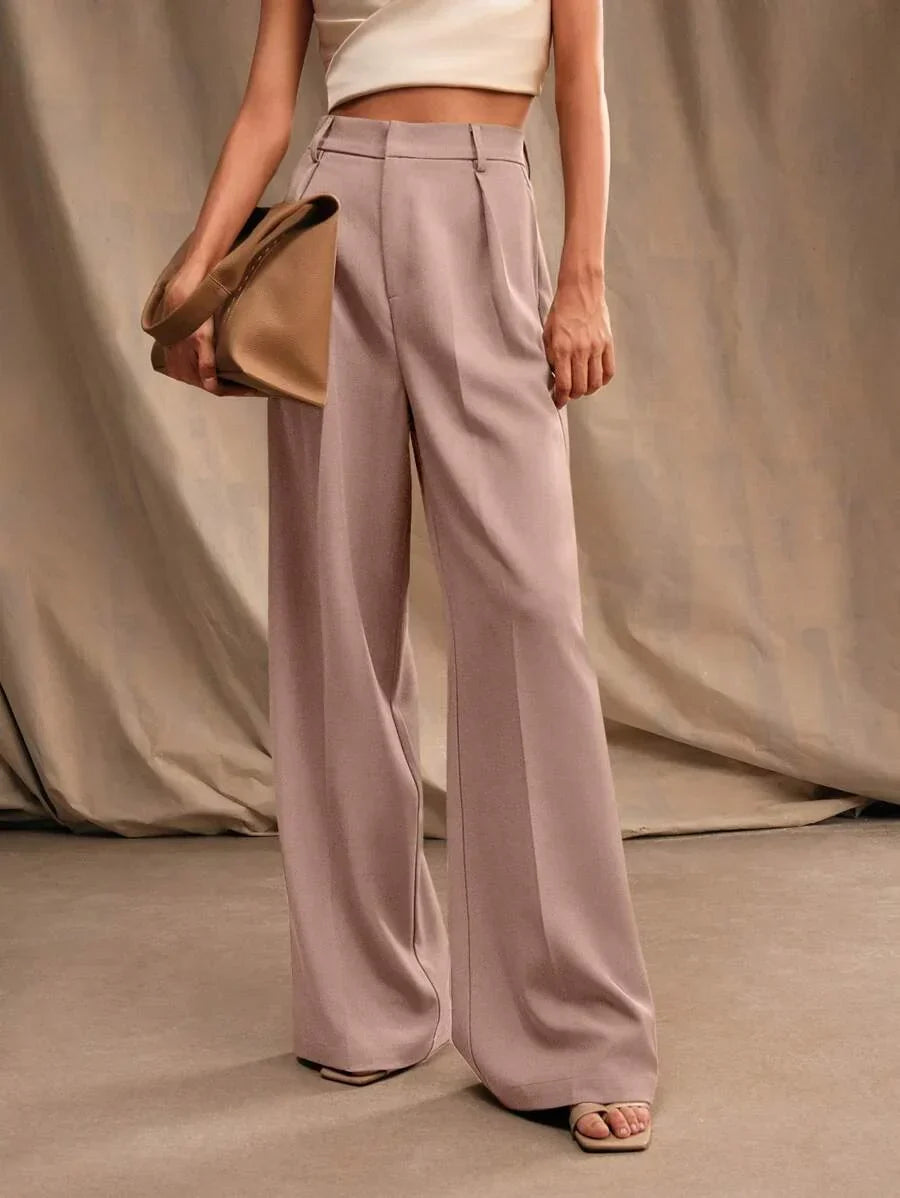 High Waist Wide Leg Trousers With Pleats And Zipper