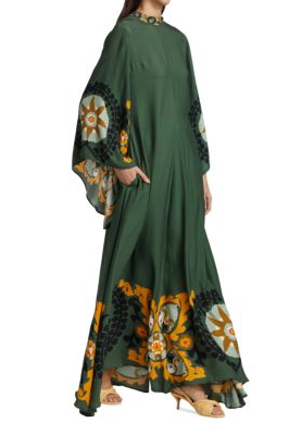 Medallion Print Mock Neck Embroidered Bell Sleeve Maxi Dress