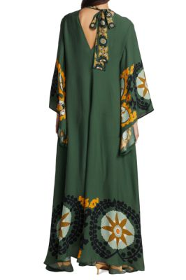 Medallion Print Mock Neck Embroidered Bell Sleeve Maxi Dress