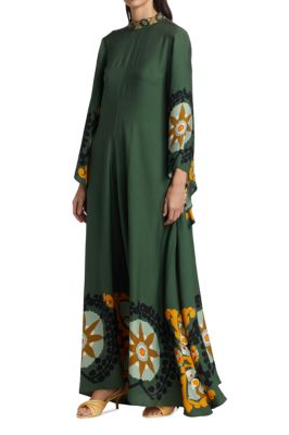 Medallion Print Mock Neck Embroidered Bell Sleeve Maxi Dress