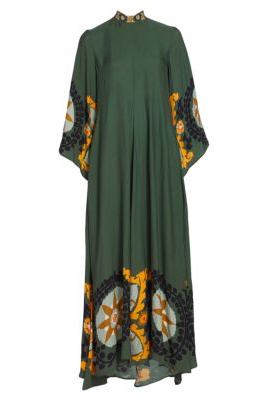 Medallion Print Mock Neck Embroidered Bell Sleeve Maxi Dress