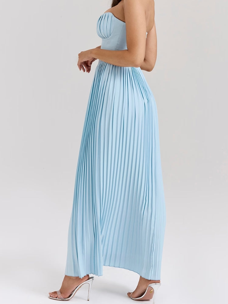 Strapless Sweetheart Neck Pleated Bustier Accordion Pleat Maxi Dress