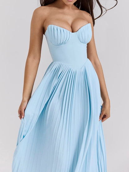 Strapless Sweetheart Neck Pleated Bustier Accordion Pleat Maxi Dress