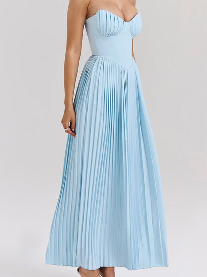 Strapless Sweetheart Neck Pleated Bustier Accordion Pleat Maxi Dress