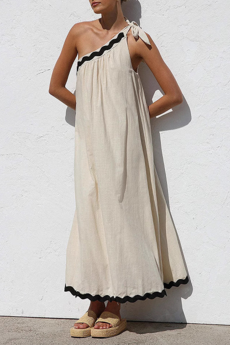 One-Shoulder Scalloped Ric-Rac Trim Tie Knot Asymmetric Midi Dress
