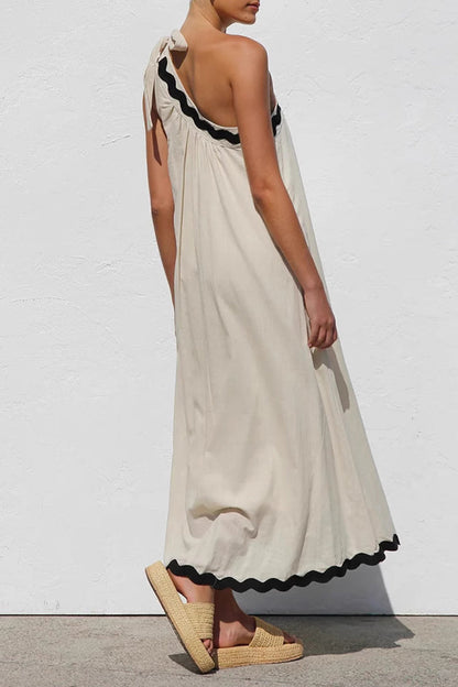 One-Shoulder Scalloped Ric-Rac Trim Tie Knot Asymmetric Midi Dress