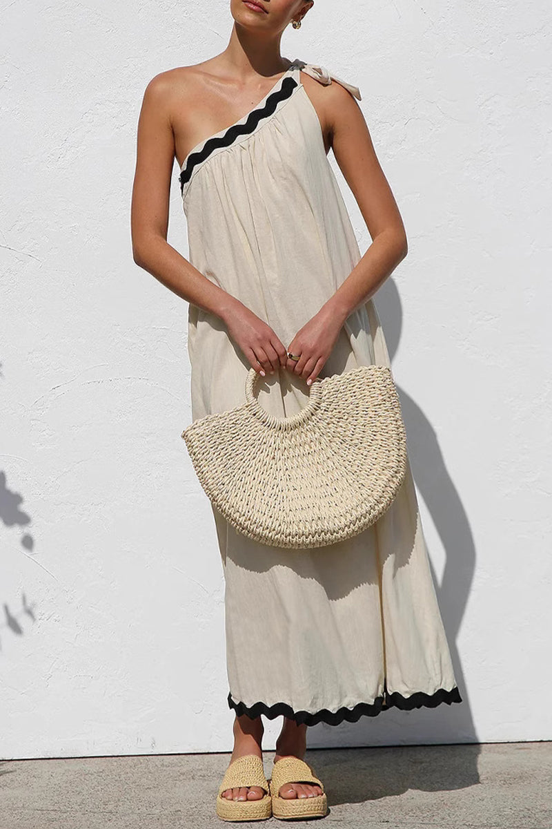 One-Shoulder Scalloped Ric-Rac Trim Tie Knot Asymmetric Midi Dress