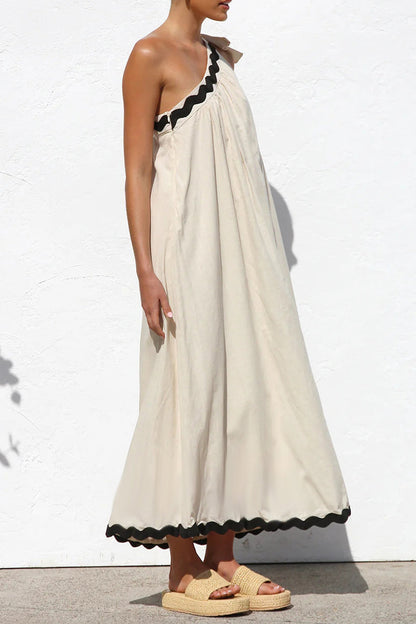 One-Shoulder Scalloped Ric-Rac Trim Tie Knot Asymmetric Midi Dress
