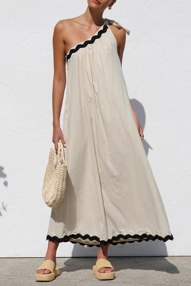 One-Shoulder Scalloped Ric-Rac Trim Tie Knot Asymmetric Midi Dress