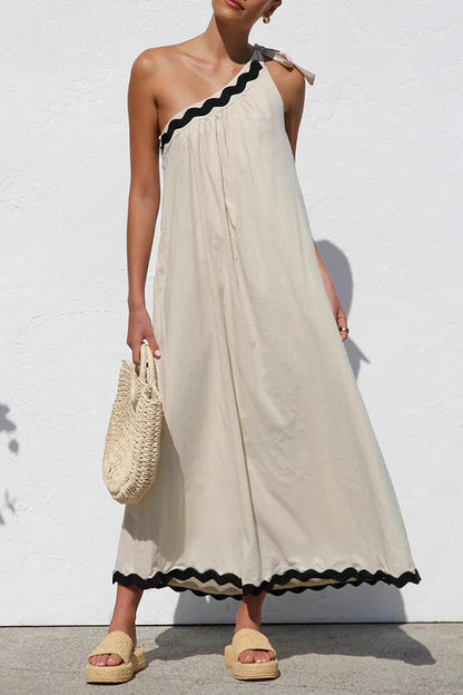 One-Shoulder Scalloped Ric-Rac Trim Tie Knot Asymmetric Midi Dress