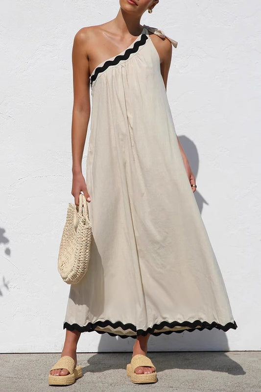 One-Shoulder Scalloped Ric-Rac Trim Tie Knot Asymmetric Midi Dress