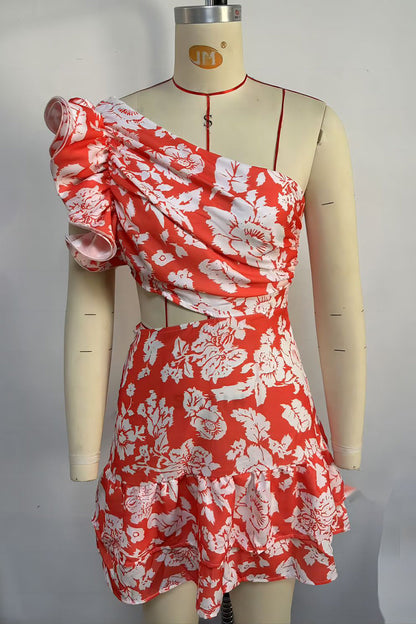 Sexy Vacation Floral Print Ruffle Sloping Shoulder Irregular Dresses(3 Colors)