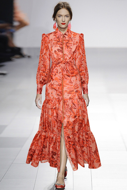 Sheer Floral Print Collared Button-Front Tie Belt Tiered Maxi Shirt Dress