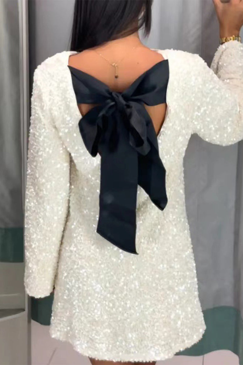 Sexy Sequins Lace Up Backless O Neck A Line Dresses