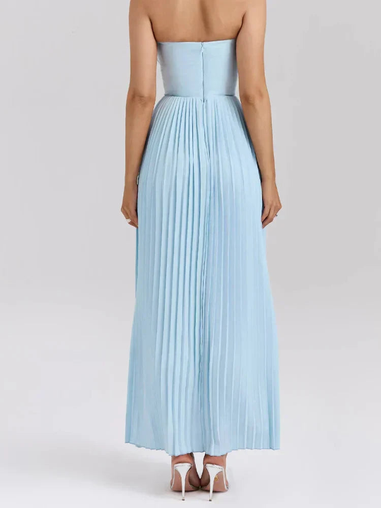 Strapless Sweetheart Neck Pleated Bustier Accordion Pleat Maxi Dress