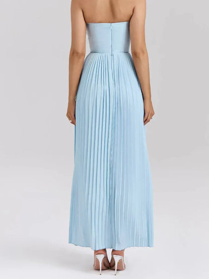 Strapless Sweetheart Neck Pleated Bustier Accordion Pleat Maxi Dress