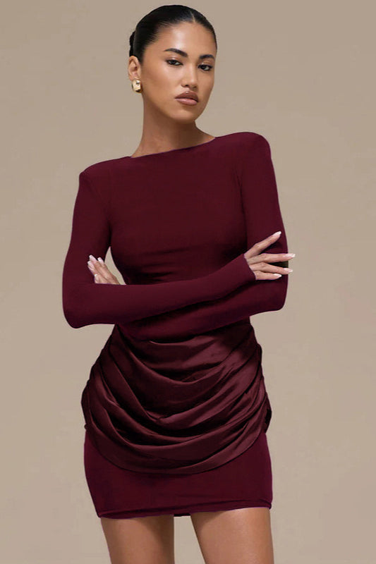 Boat Neck Padded Shoulder Long Sleeve Draped Satin Hip Overlay Bodycon Mini Dress