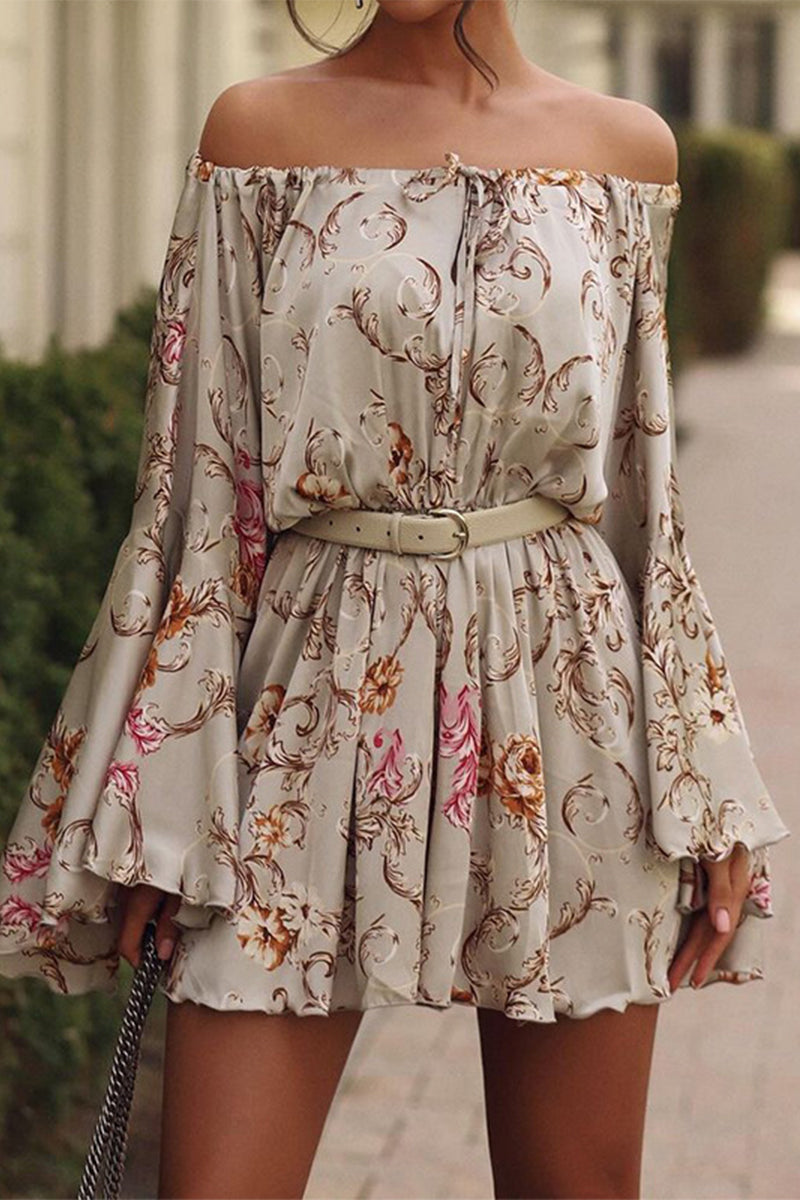 Floral Print Off-Shoulder Bell Sleeve Tie Waist Mini Dress
