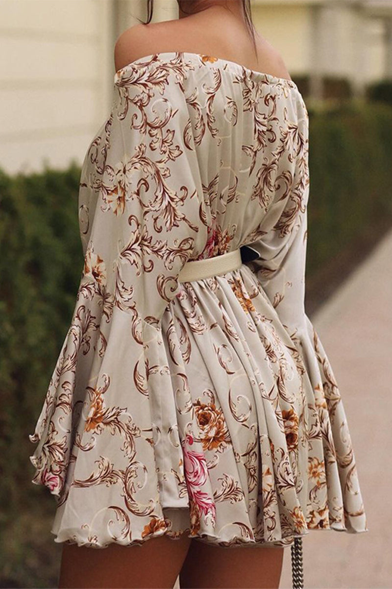 Floral Print Off-Shoulder Bell Sleeve Tie Waist Mini Dress