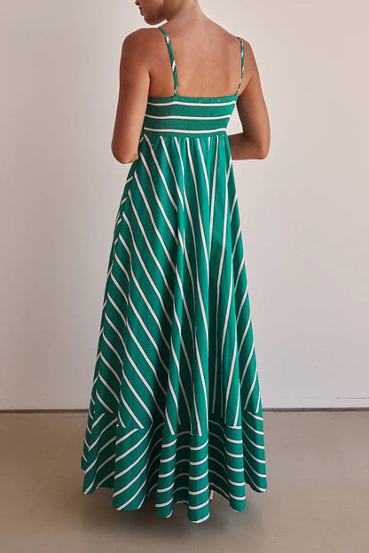 Horizontal Stripe Square Neck Spaghetti Strap Contrast Border Tiered Maxi Dress