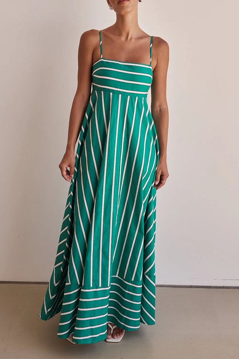 Horizontal Stripe Square Neck Spaghetti Strap Contrast Border Tiered Maxi Dress