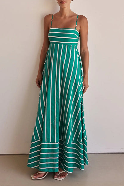 Horizontal Stripe Square Neck Spaghetti Strap Contrast Border Tiered Maxi Dress