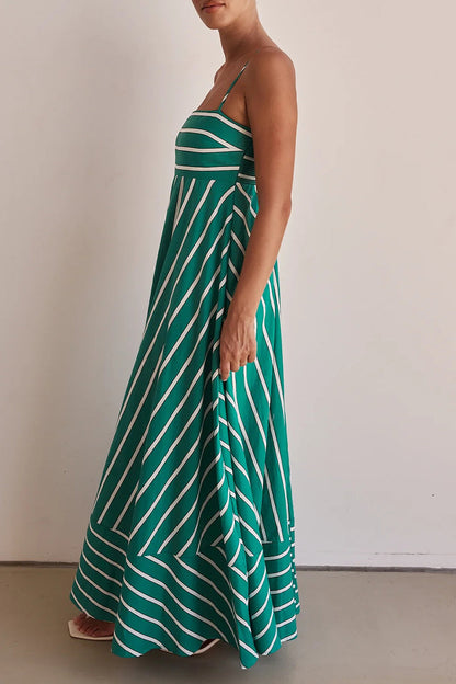 Horizontal Stripe Square Neck Spaghetti Strap Contrast Border Tiered Maxi Dress