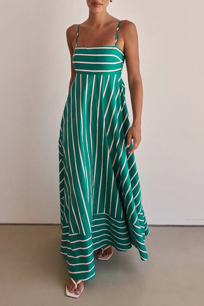 Horizontal Stripe Square Neck Spaghetti Strap Contrast Border Tiered Maxi Dress