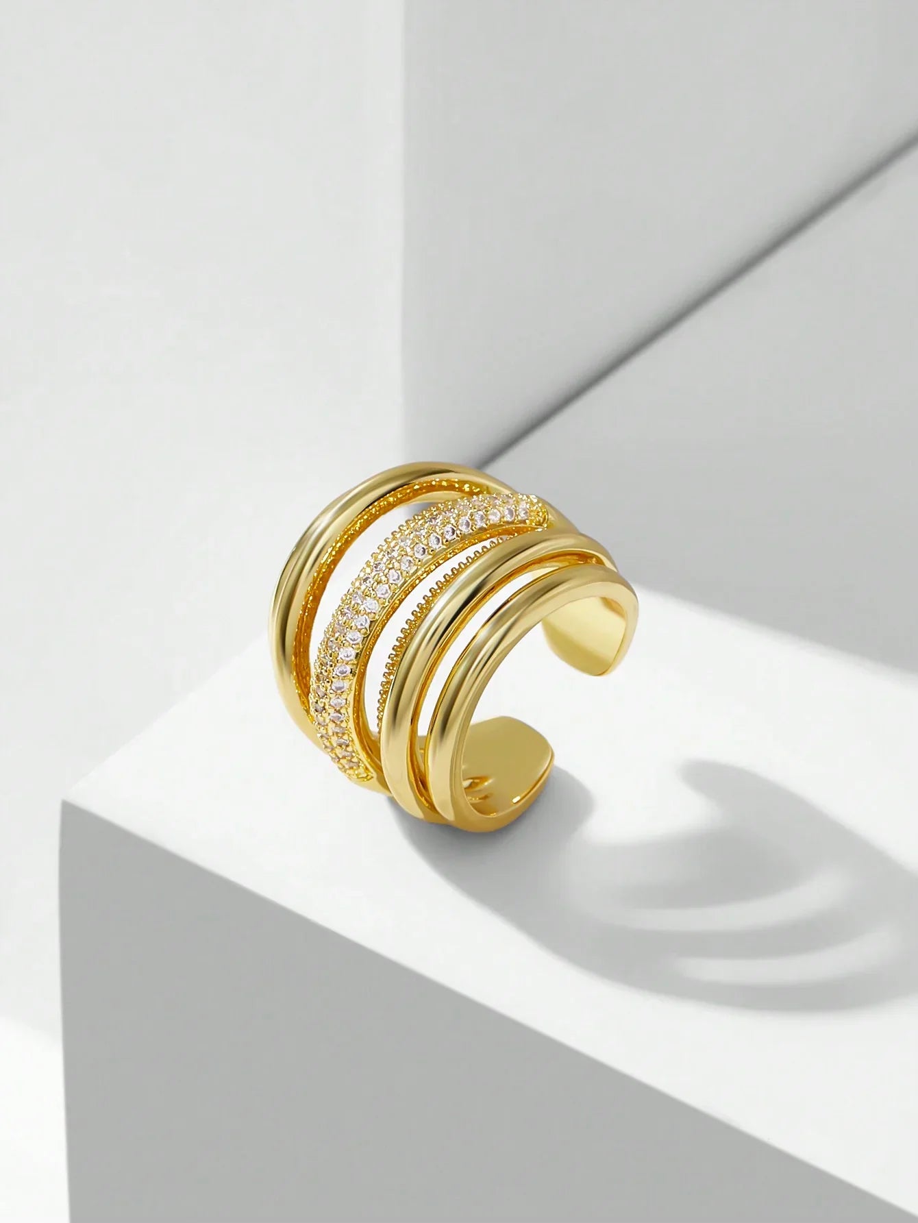 Rhinestone Layered Ring Sparkling Gold Tone Copper