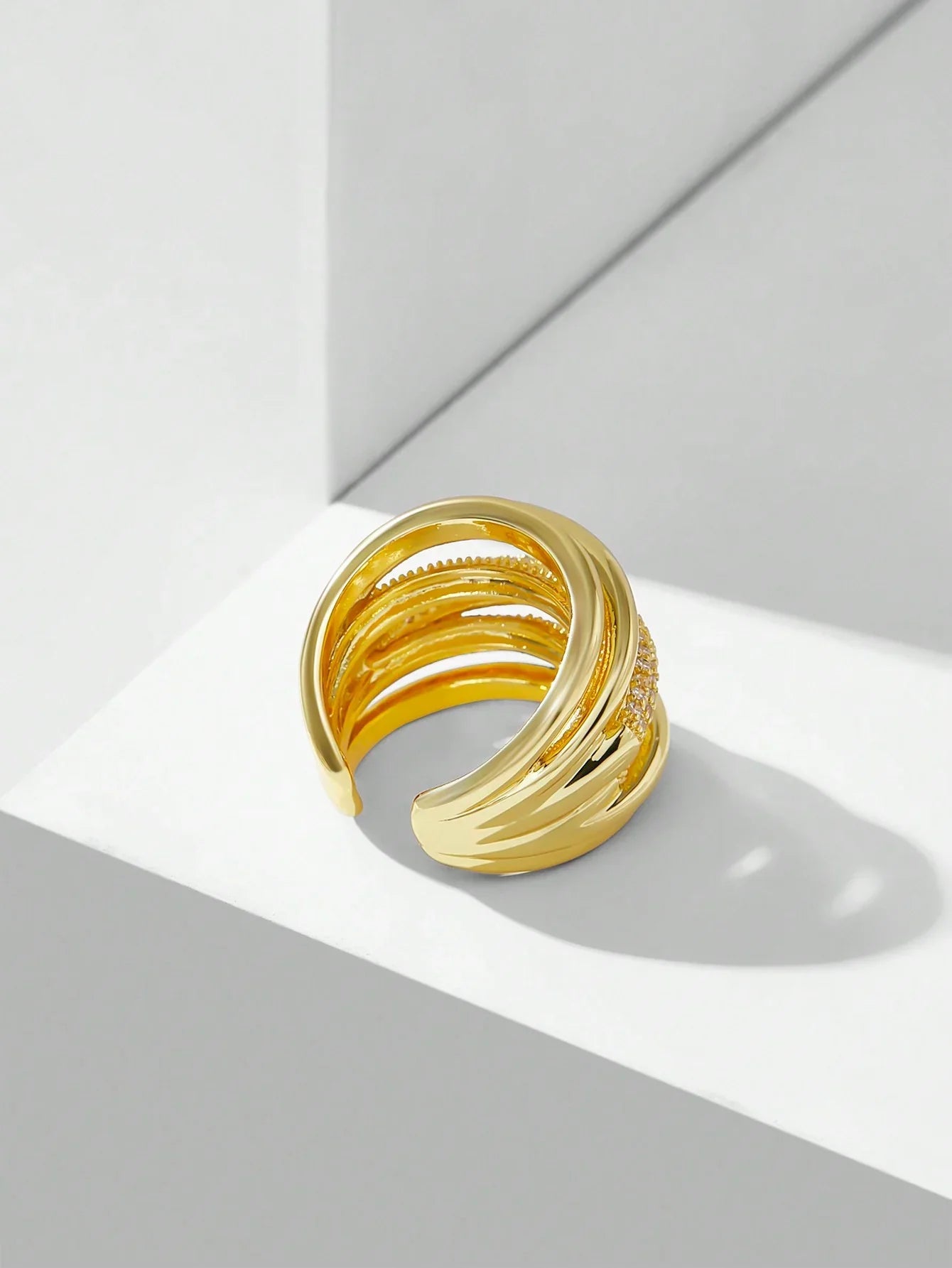 Rhinestone Layered Ring Sparkling Gold Tone Copper