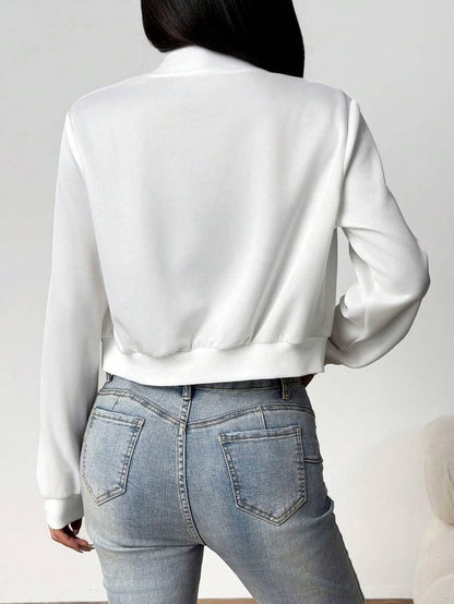 Solid Zip Up Crop Bomber Jacket With Baseball Collar