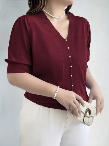 Plus Size V Neck Puff Sleeve Solid Knit Pullover Sweater