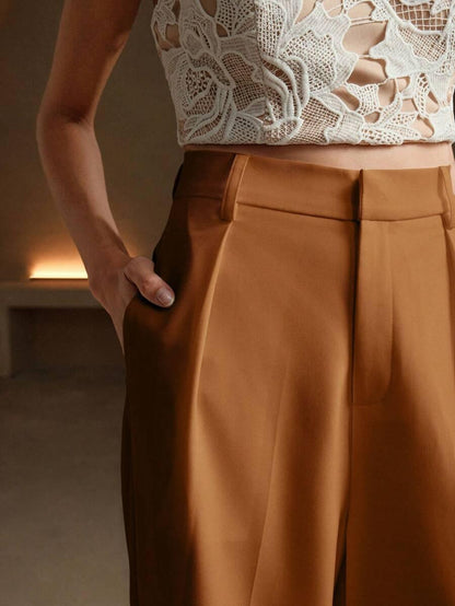 High Waist Wide Leg Trousers With Pleats And Zipper