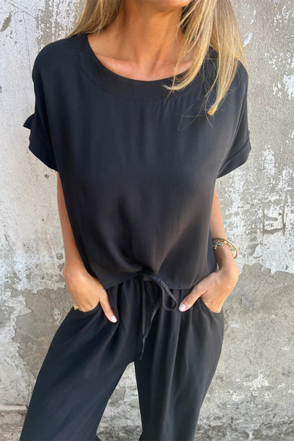 Casual Pocket Lace Up Flounce O Neck Short Sleeve Two Pieces(3 Colors)