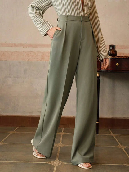 High Waist Wide Leg Trousers With Pleats And Zipper