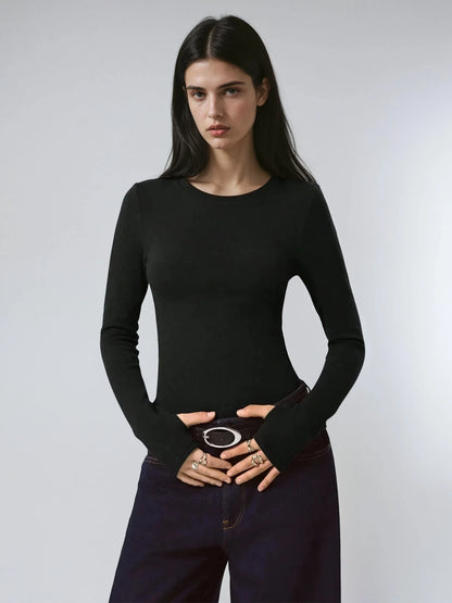 Solid Color Long Sleeve Tee Fitted Casual Round Neck
