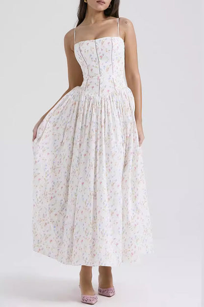 Elegant Floral Print Patchwork Square Neck Sling Dresses