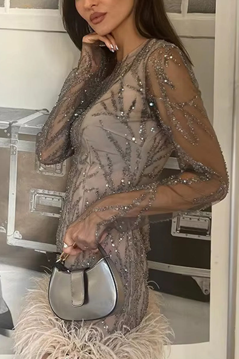 Mesh Sequin Embroidery Crew Neck Long Sleeve Feather Hem Mini Cocktail Dress
