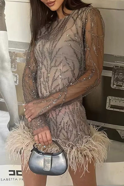 Mesh Sequin Embroidery Crew Neck Long Sleeve Feather Hem Mini Cocktail Dress