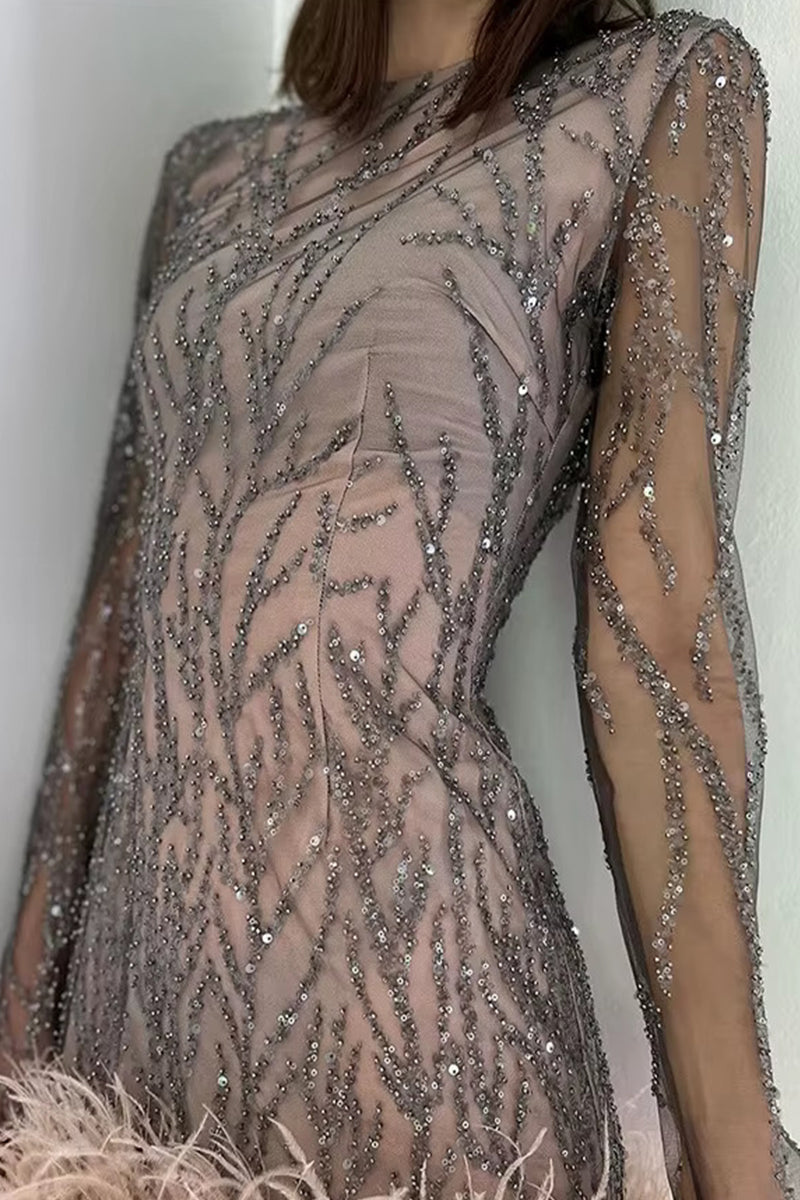 Mesh Sequin Embroidery Crew Neck Long Sleeve Feather Hem Mini Cocktail Dress