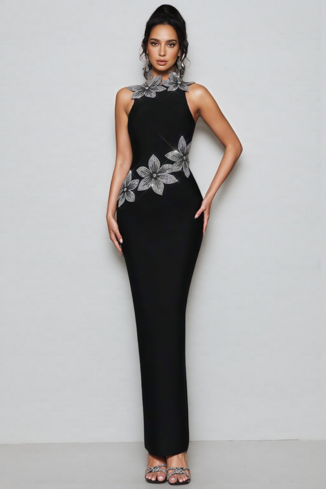 Pam 3D Floral Diamond Bandage Maxi Dress
