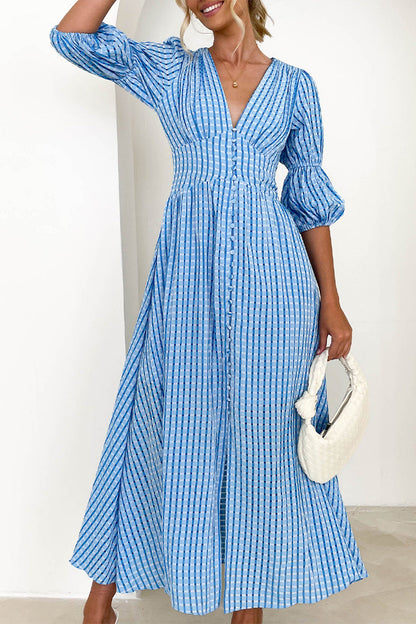 Elegant Buttons Patchwork V Neck A Line Dresses(3 Colors)