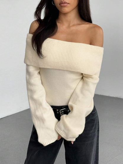 Off Shoulder Foldover Ribbed Knit Jumper