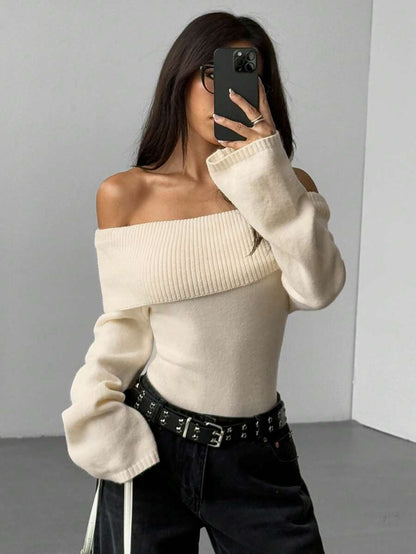 Off Shoulder Foldover Ribbed Knit Jumper