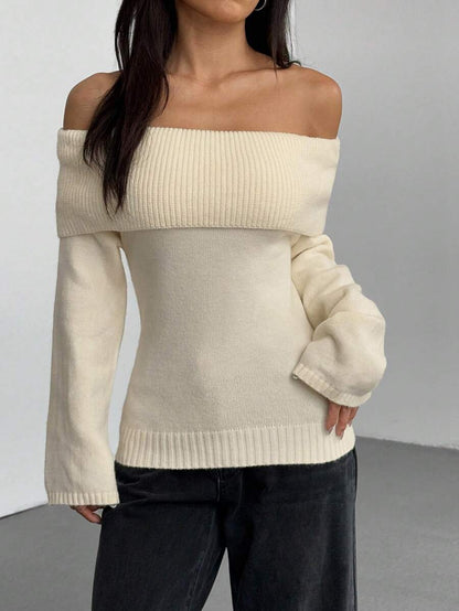 Off Shoulder Foldover Ribbed Knit Jumper