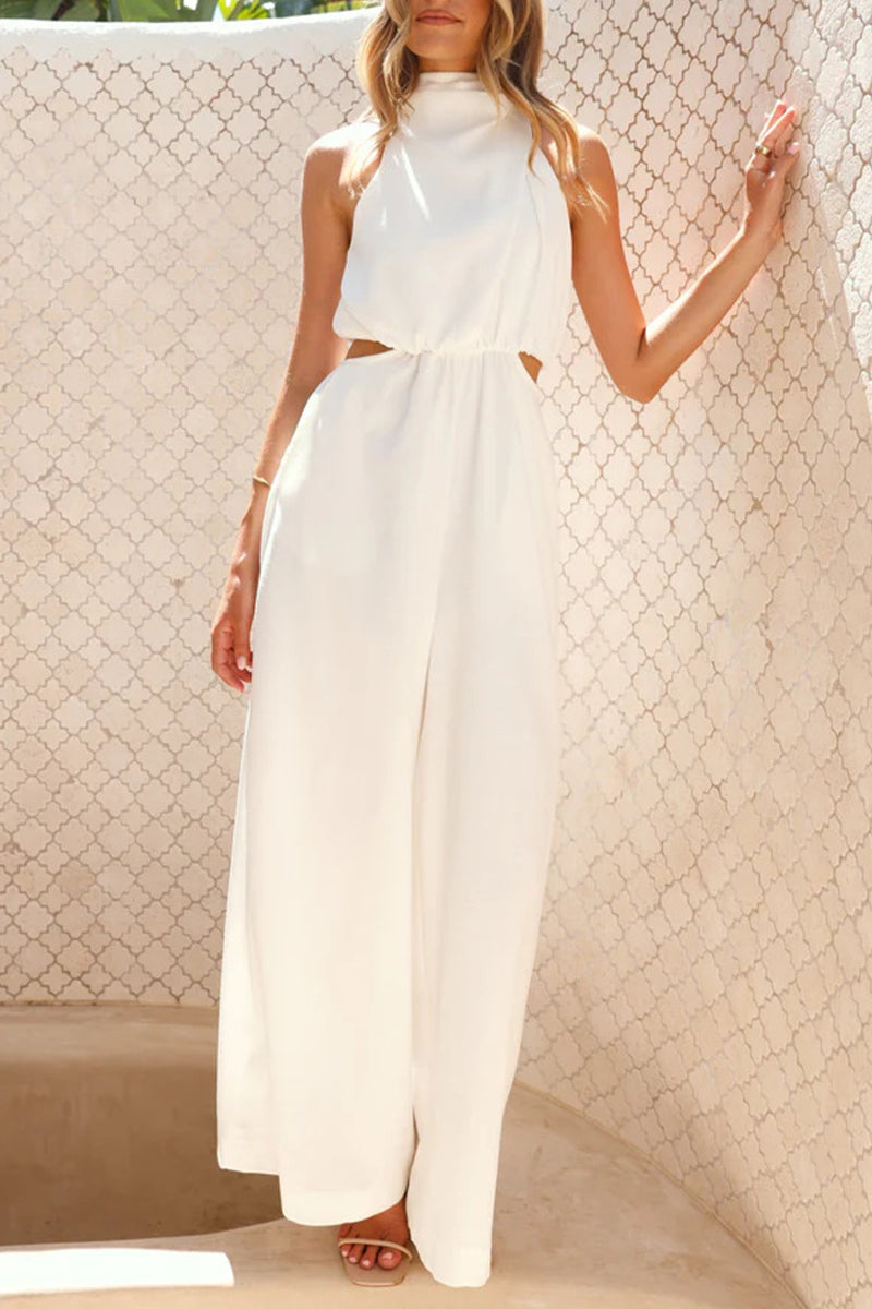 Casual Hollow Out Pocket Halter Loose Jumpsuits(4 Colors)