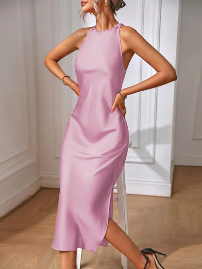 Satin Maxi Dress Sleeveless Split Thigh Wedding