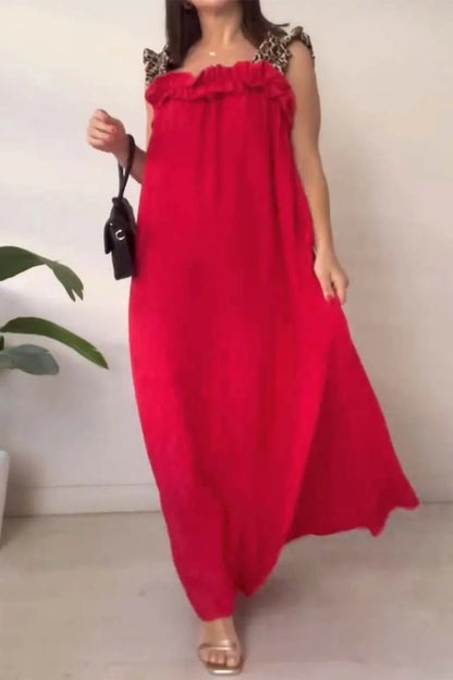 Casual Leopard Pocket Patchwork Flounce Square Neck Long Dresses(8 Colors)