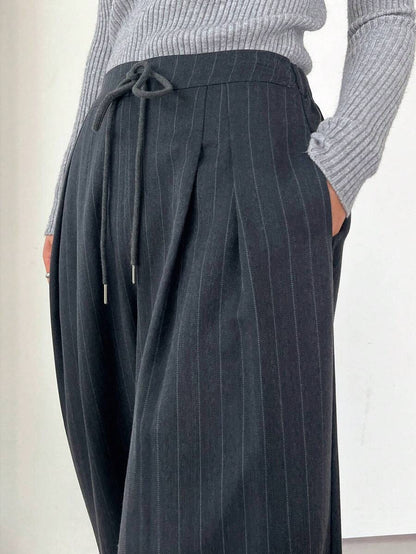 Minimalist Wide Leg Pants For Women Casual Solid Color Long Loose Mid Waist Trousers