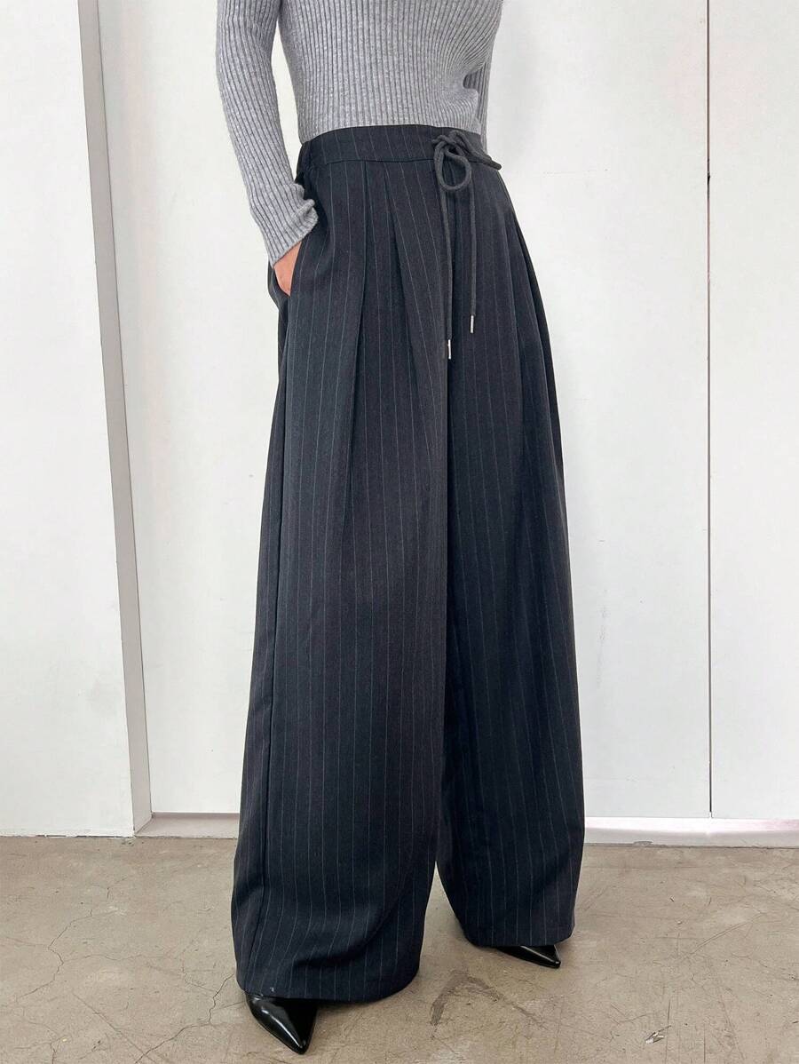 Minimalist Wide Leg Pants For Women Casual Solid Color Long Loose Mid Waist Trousers